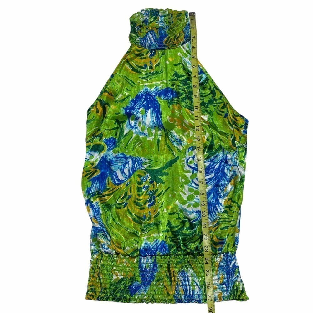 COTTON Express Green Blue Floral Print Open Back Halter Sleeveless Blouse - Picture 7 of 11
